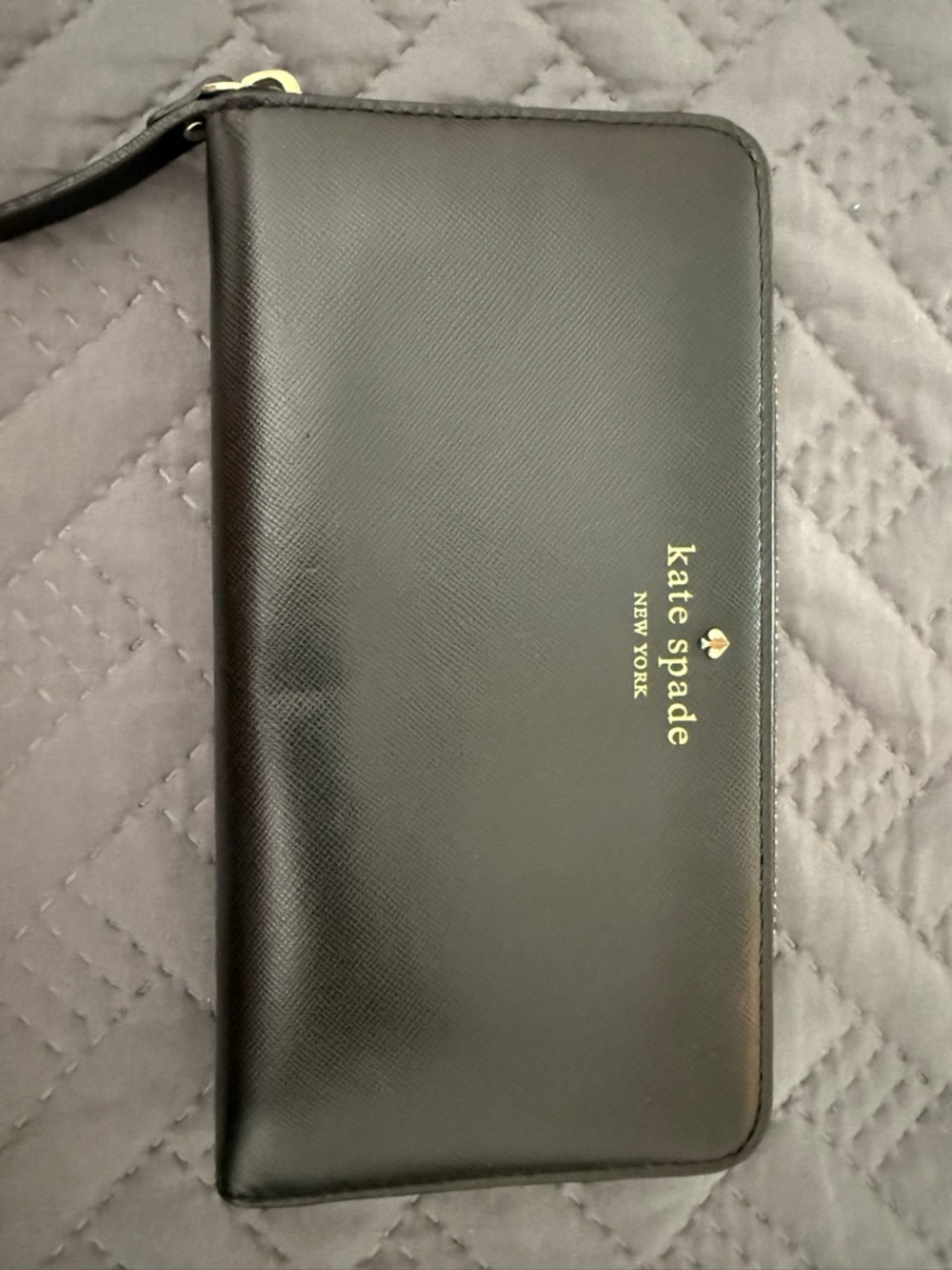 kate spade Black Leather Zip Wallet with Gold Logo